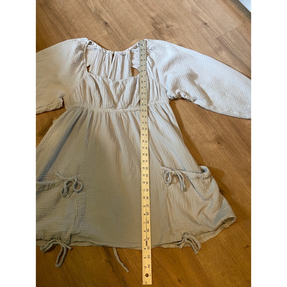 Boho Cotton Gauze Mini Dress XL Baby Blue Tie Pocket Bubble Hem Fairycore Tunic - Picture 5 of 7